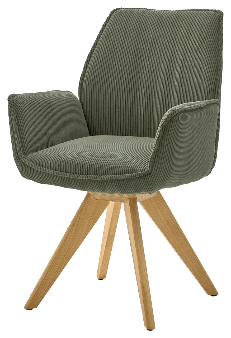 Grüner Armlehnstuhl mit Holzbeinen, seitliche Perspektive