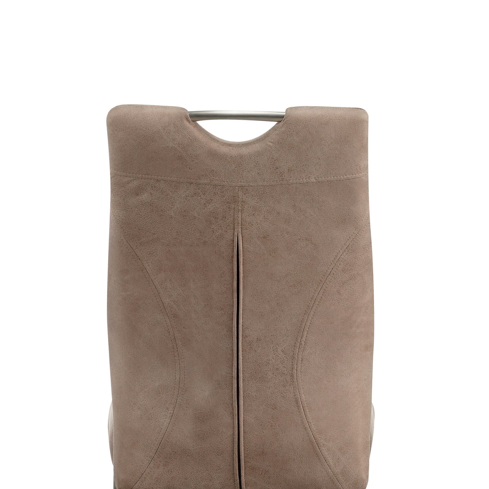 Rückansicht eines Schwingstuhls mit braunem Bezug und Metallgriff.