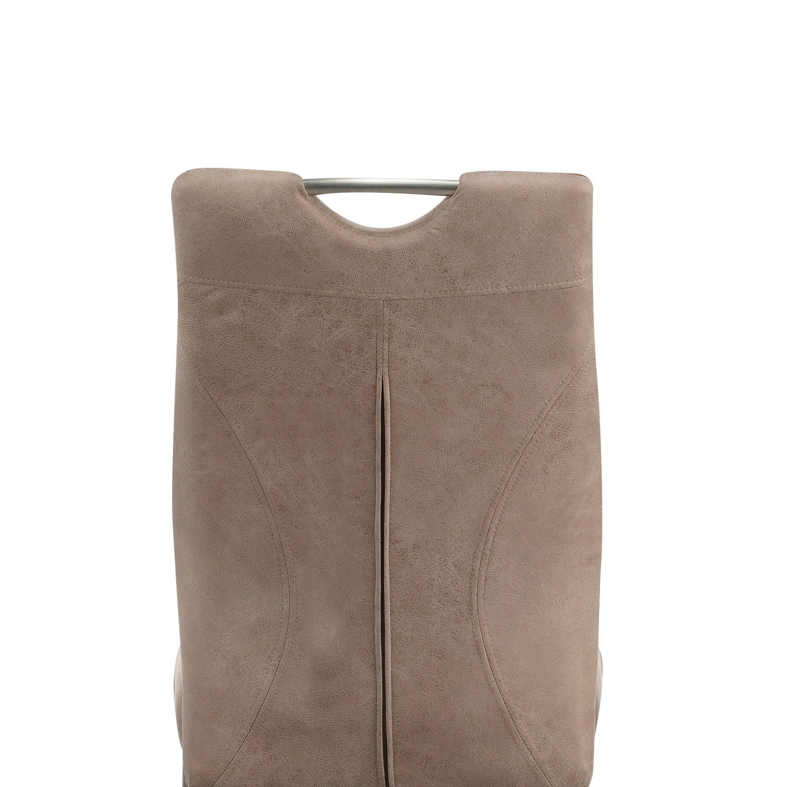 Rückansicht eines Schwingstuhls mit braunem Bezug und Metallgriff.