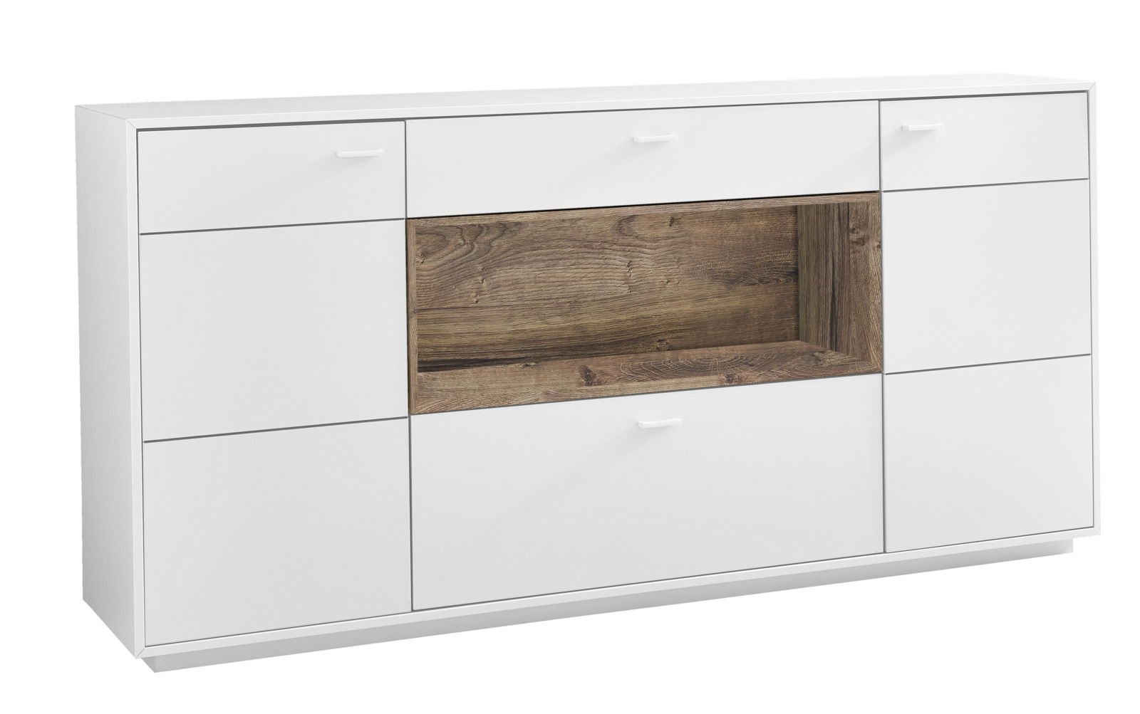 Weißes Sideboard mit Holzfach in der Mitte, seitliche Perspektive