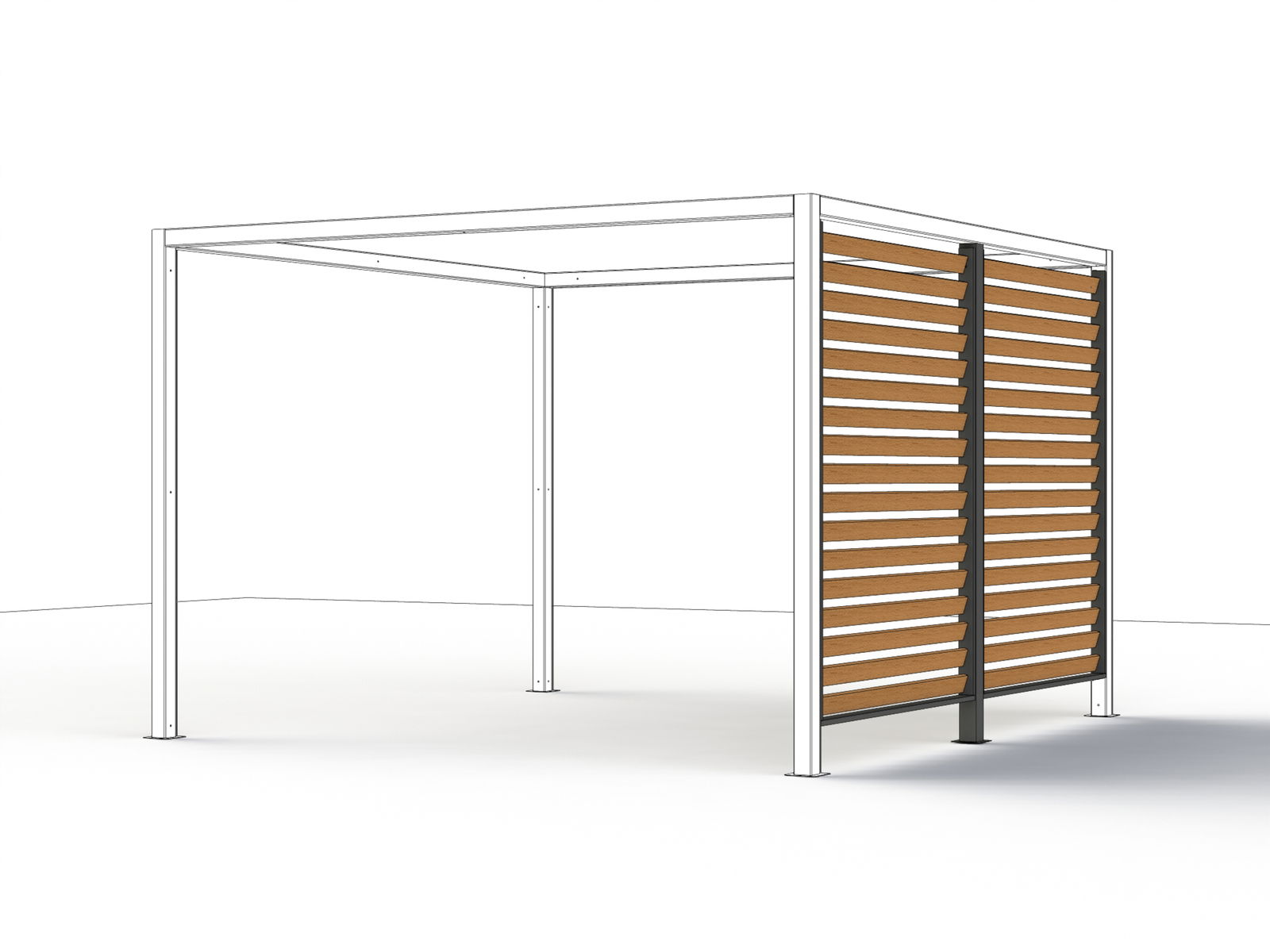 Moderner Sichtschutz in Holzoptik mit Metallrahmen, seitliche Perspektive