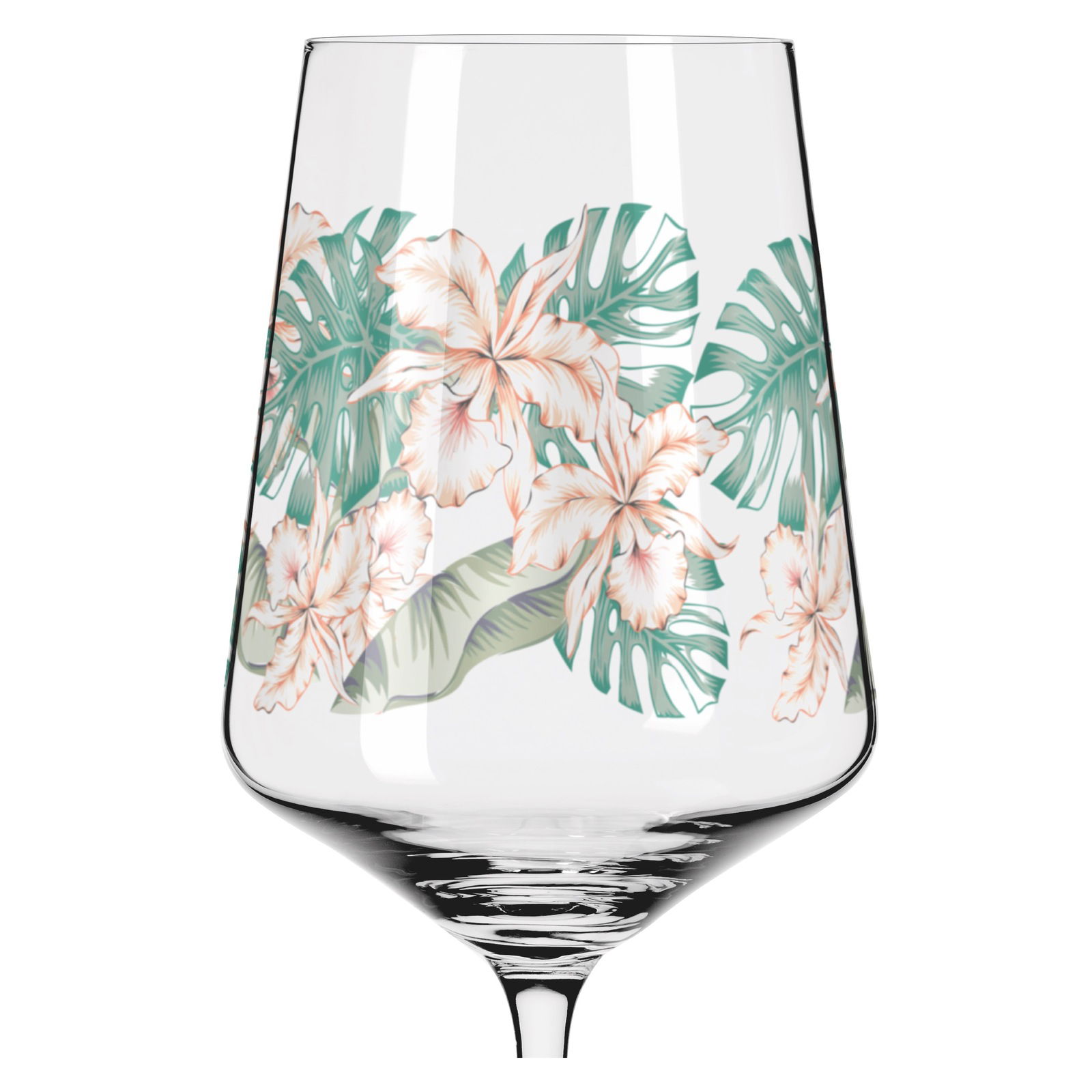 Weinglas mit tropischem Blumenmuster, seitliche Perspektive