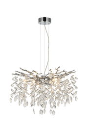 Moderne Hängeleuchte mit funkelnden Kristallen, seitliche Perspektive