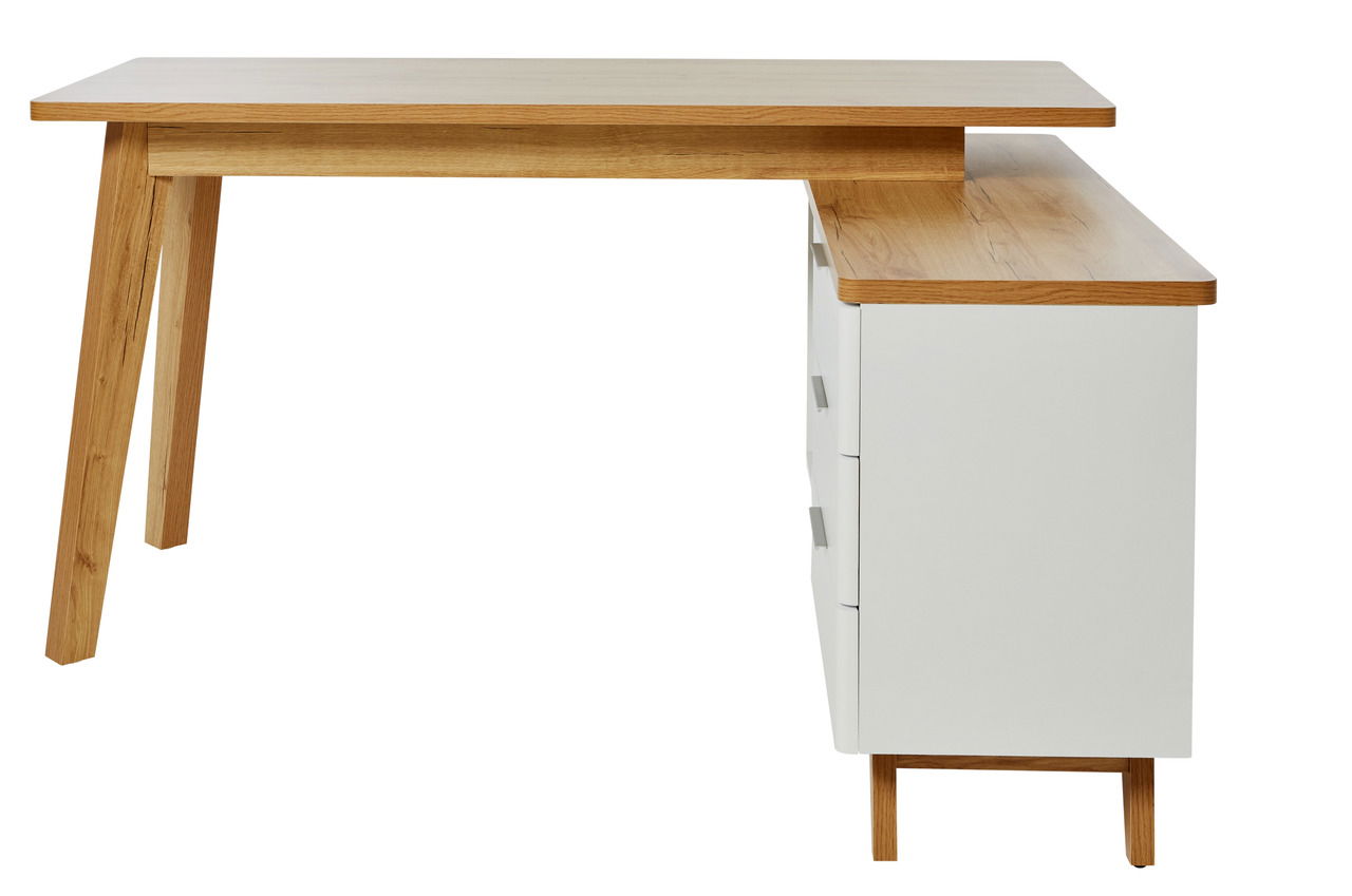Eck-Schreibtisch aus Holz mit weißem Korpus und Schubladen, seitliche Perspektive