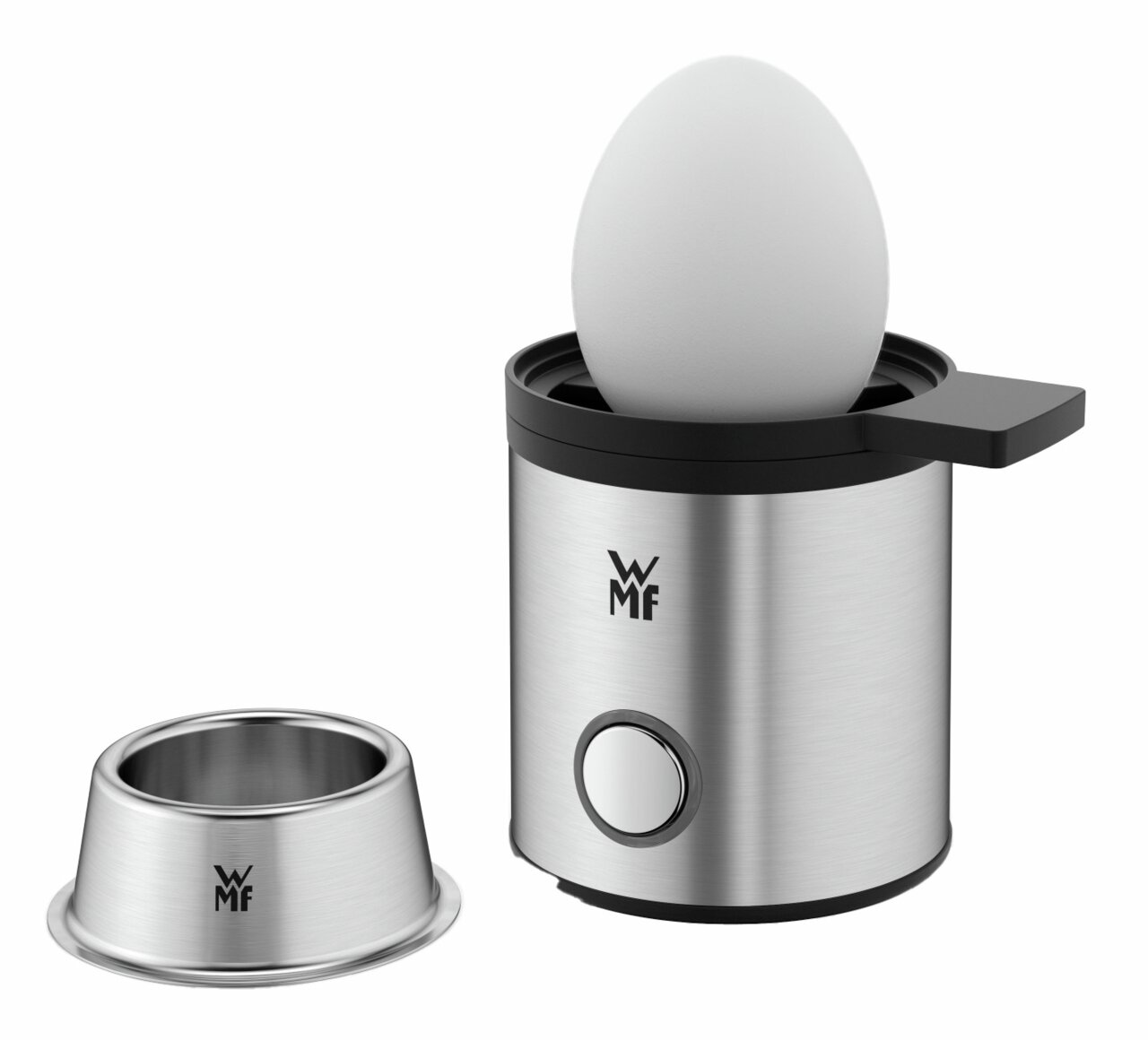 Eierkocher MyEgg Küchenminis aus Edelstahl mit einem Ei, seitliche Perspektive