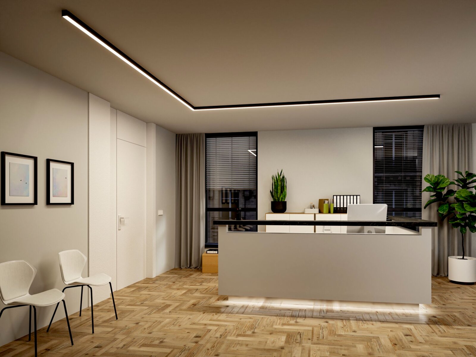 Moderne, schwarze lineare LED-Deckenleuchte in L-Form als Einbau-/Schienensystem in einem minimalistischen Büro, warmweißes Licht, Perspektive: Blick schräg von unten auf die Decke und den Raum