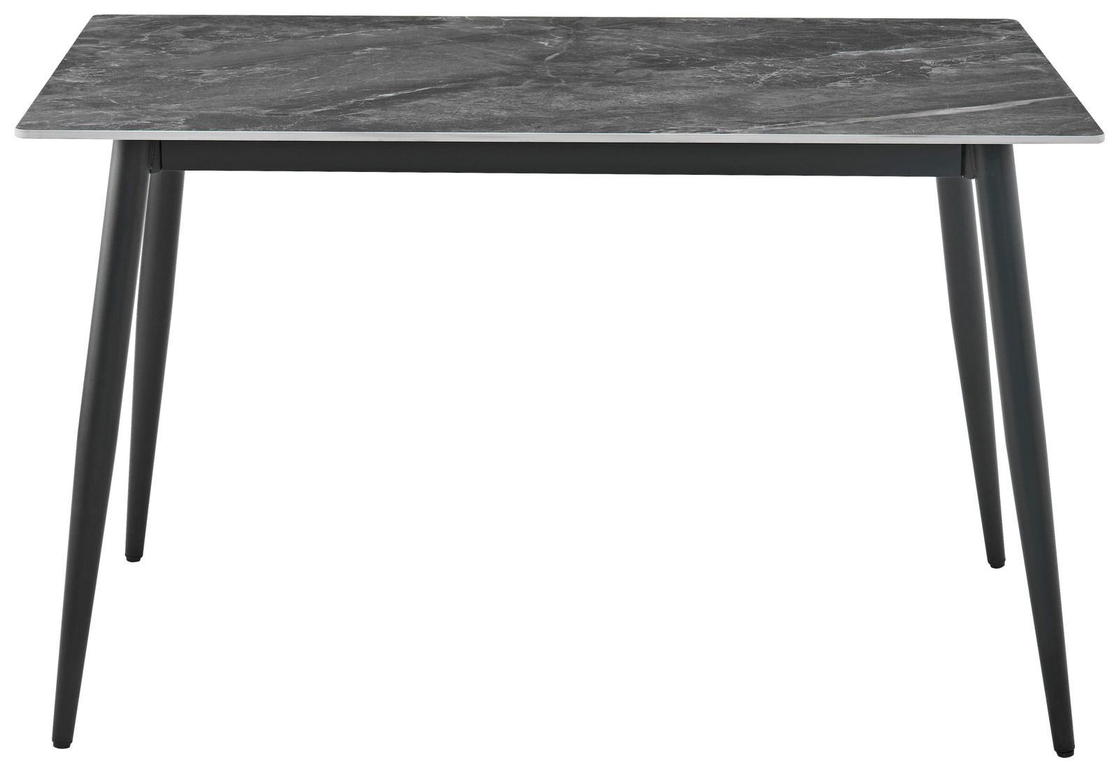 Moderner Esstisch mit grauer Tischplatte und schwarzen Beinen, frontal betrachtet.