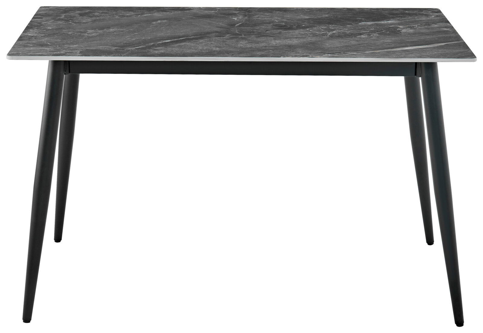 Moderner Esstisch mit grauer Tischplatte und schwarzen Beinen, frontal betrachtet.