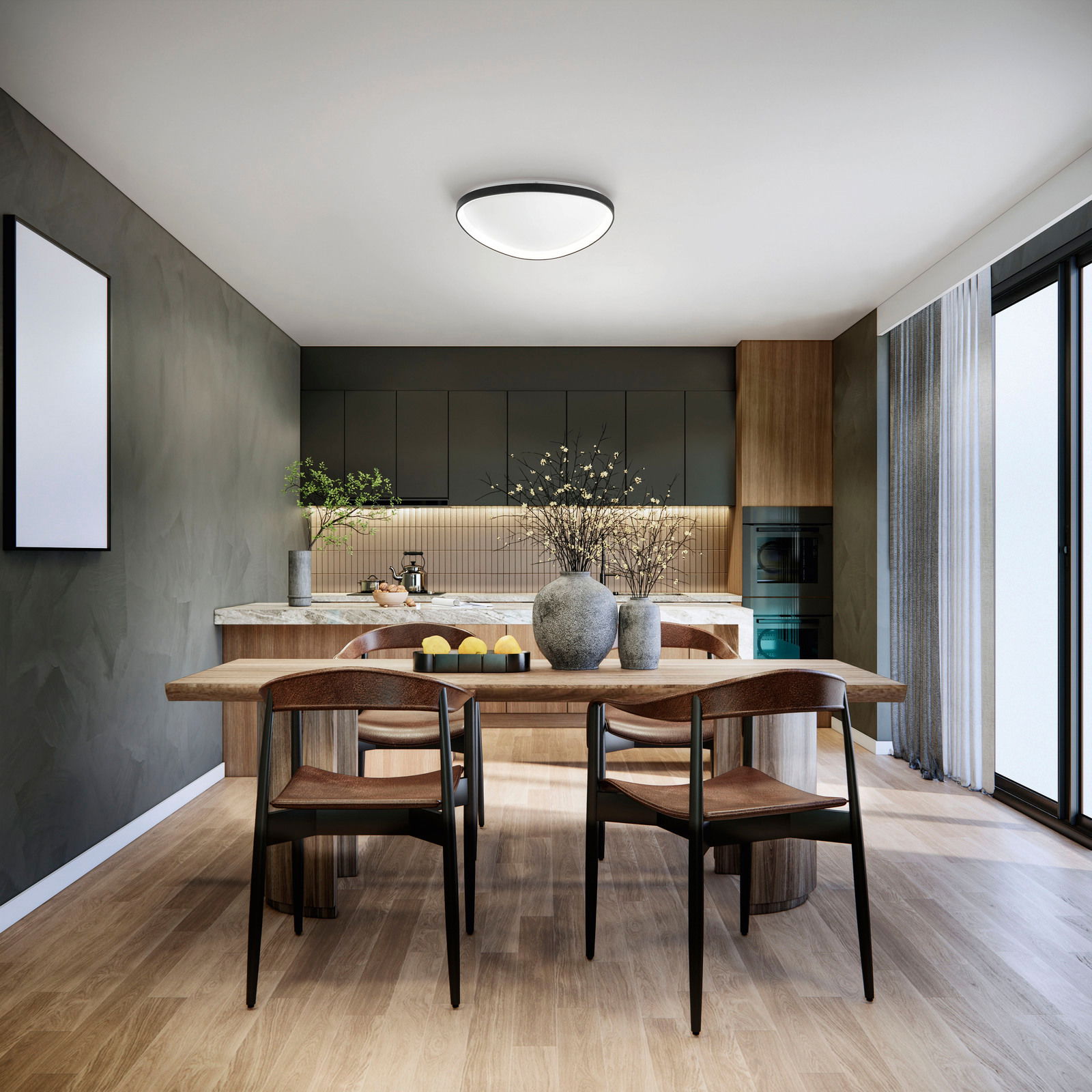 Fabas Luce LED-Deckenleuchte QUIRK Moderne LED-Deckenleuchte in einem stilvollen Esszimmer, von unten betrachtet.