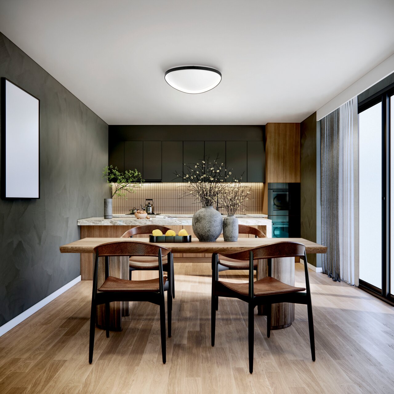 Fabas Luce LED-Deckenleuchte QUIRK Moderne LED-Deckenleuchte in einem stilvollen Esszimmer, von unten betrachtet.