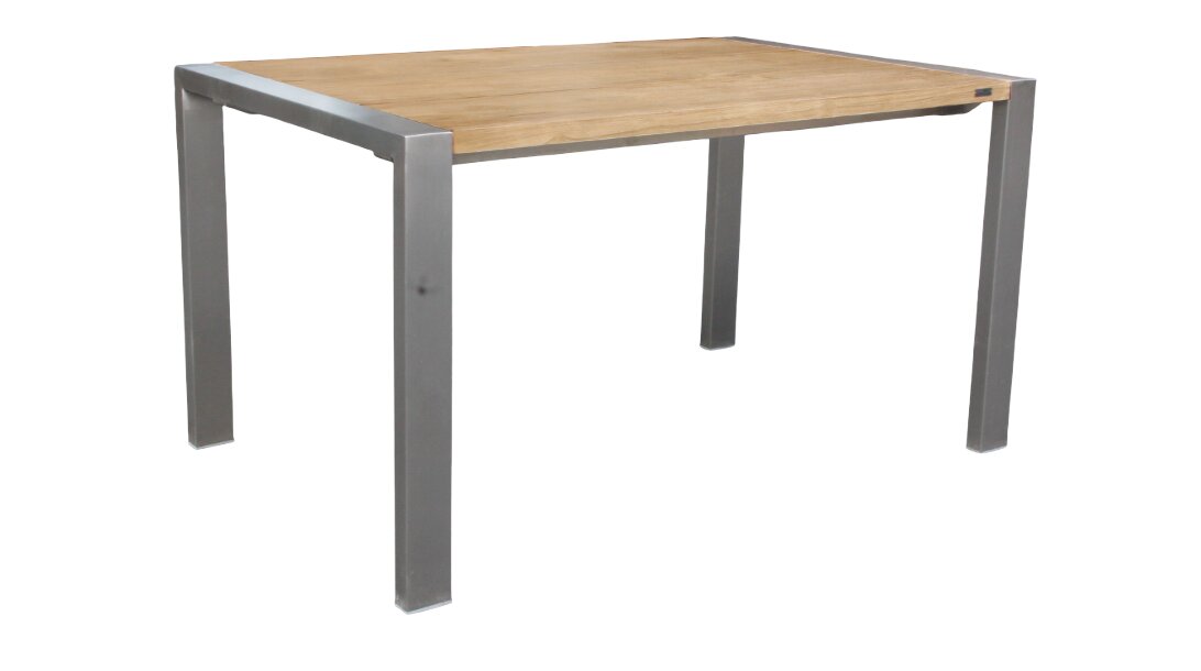 Moderne tuintafel met metalen poten en houten blad, zijaanzicht