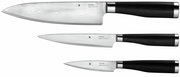 Drei Küchenmesser der Serie Yari mit Damastklingen und dunklen Griffen, seitliche Ansicht.