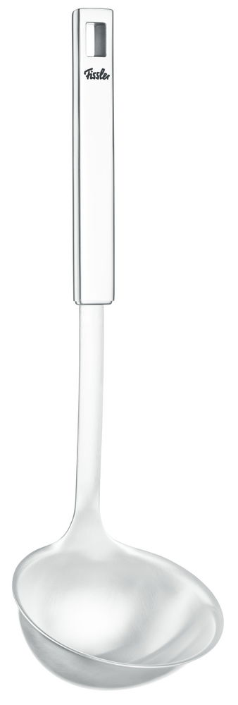 Edelstahl-Suppenkelle von Fissler, seitliche Ansicht