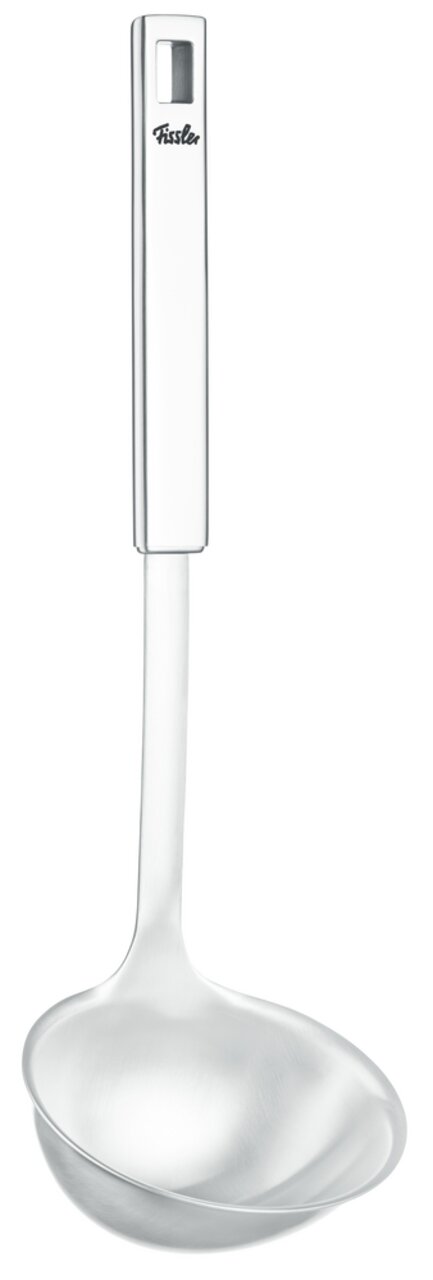 Edelstahl-Suppenkelle von Fissler, seitliche Ansicht