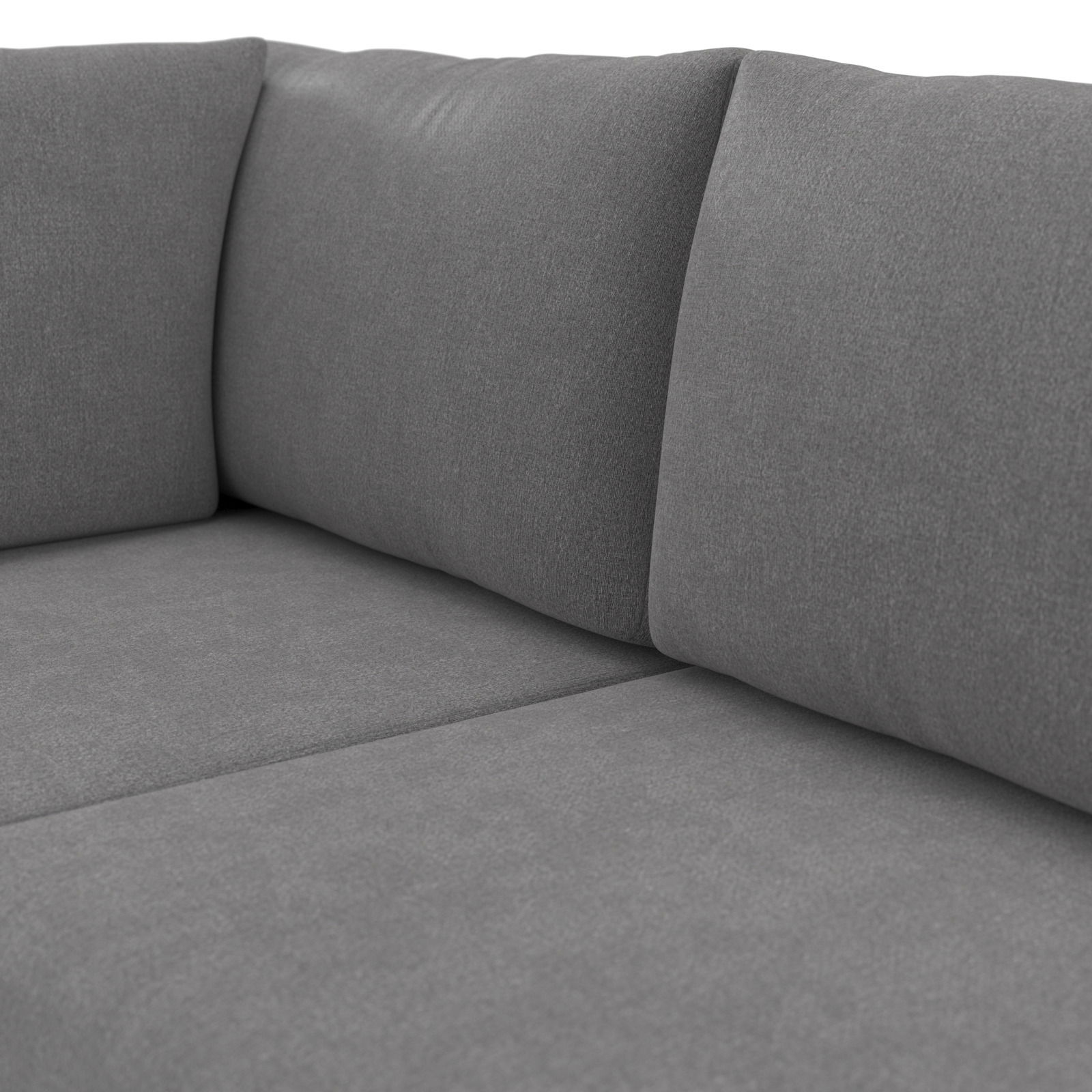 Graues 2-Sitzer Sofa aus Stoff, Nahaufnahme der Sitzfläche und Rückenlehne aus seitlicher Perspektive