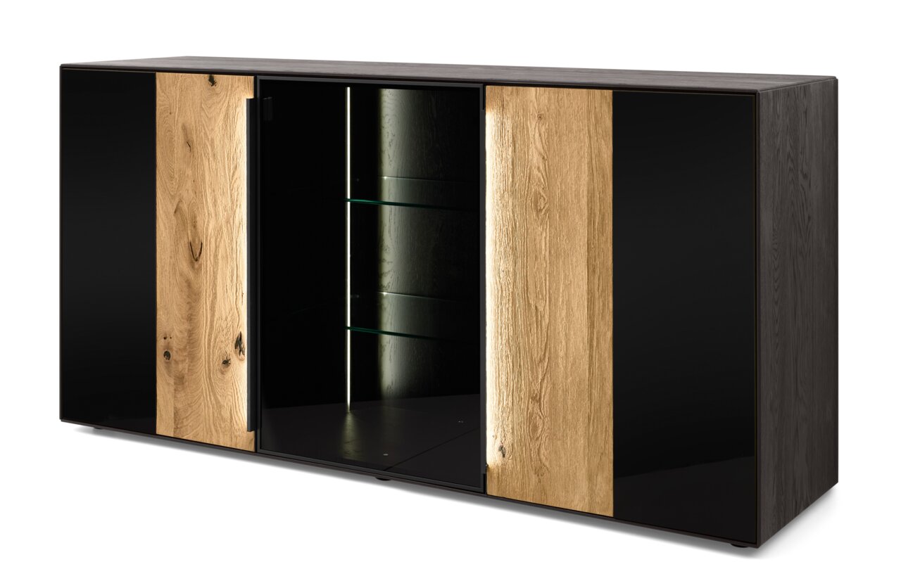 Max Berger Dressoir GARDA Modern dressoir met een zwart hoogglans oppervlak en houten elementen, zijaanzicht