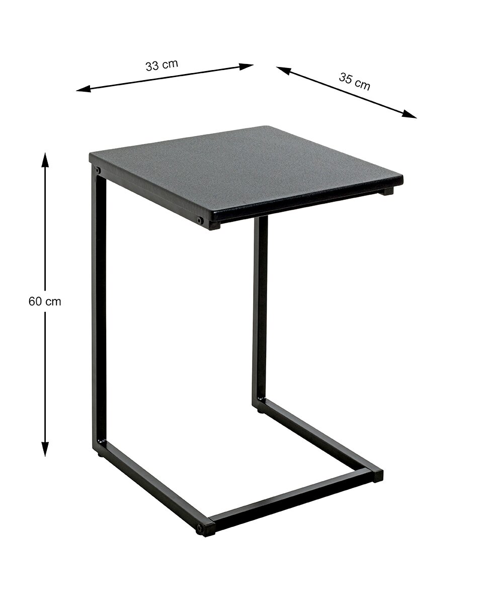 Schwarzer Beistelltisch/Laptoptisch mit quadratischer Tischplatte und Metallgestell, Maße ca. 33 x 35 x 60 cm, freigestellt in schräger Ansicht von vorne oben