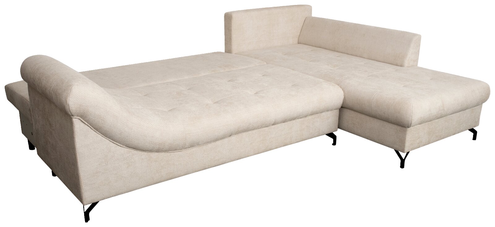 Beiges Ecksofa METZ mit Ottomane rechts, Ansicht von schräg vorne.