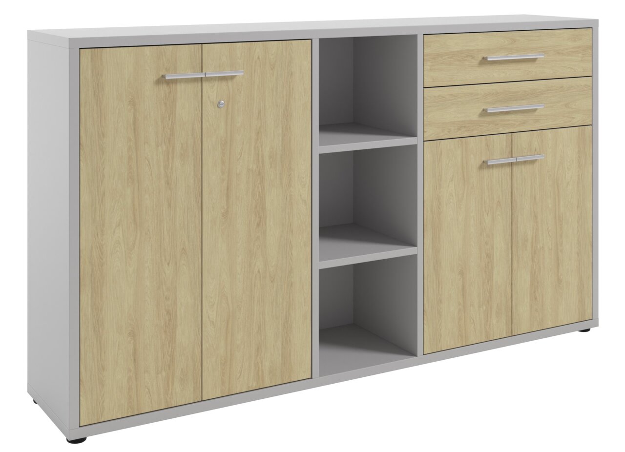 Manjana Aktenschrank TEXAS Aktenschrank mit zwei Türen, zwei Schubladen und offenen Regalfächern, aus hellem Holz und grauem Rahmen, Frontalansicht