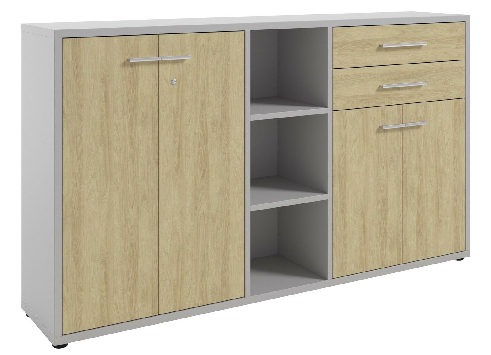 Aktenschrank mit zwei Türen, zwei Schubladen und offenen Regalfächern, aus hellem Holz und grauem Rahmen, Frontalansicht
