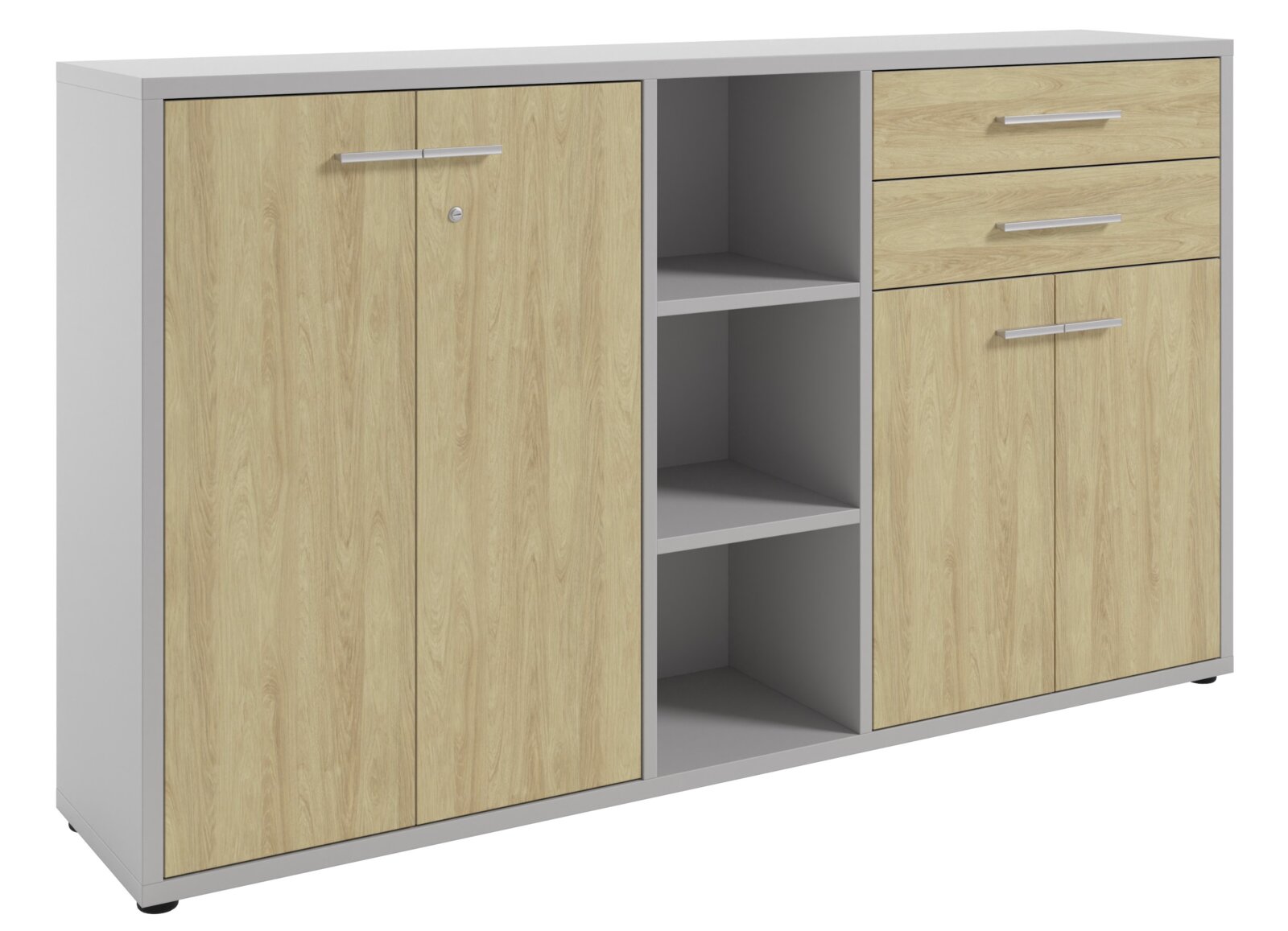 Aktenschrank mit zwei Türen, zwei Schubladen und offenen Regalfächern, aus hellem Holz und grauem Rahmen, Frontalansicht