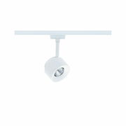 Weißer Schienenspot Pane, seitliche Perspektive, montiert an einer Schiene.