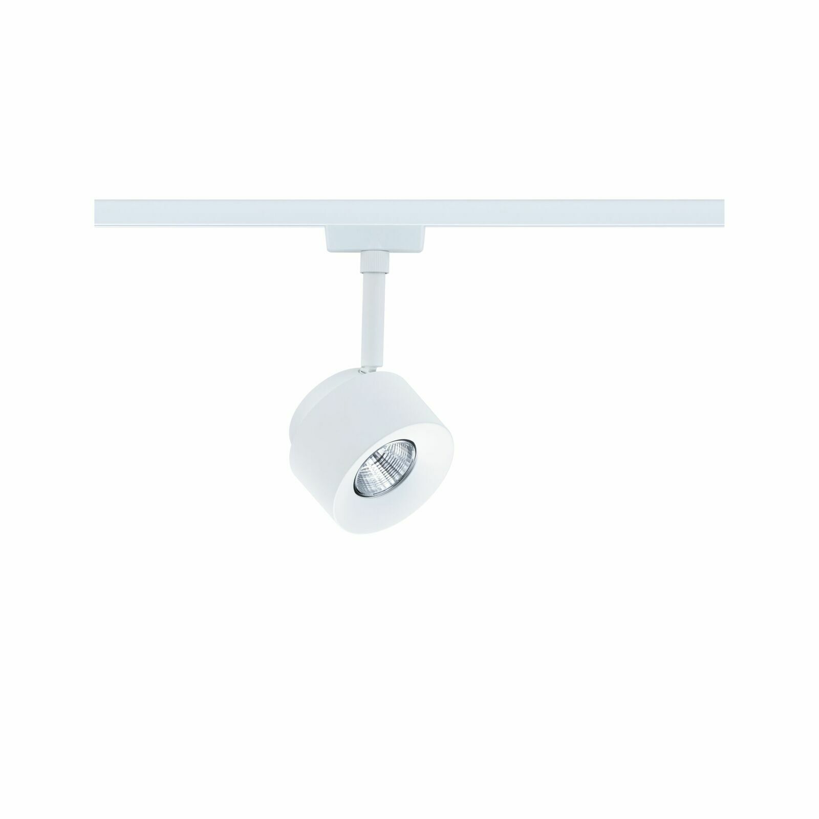 Weißer Schienenspot Pane, seitliche Perspektive, montiert an einer Schiene.