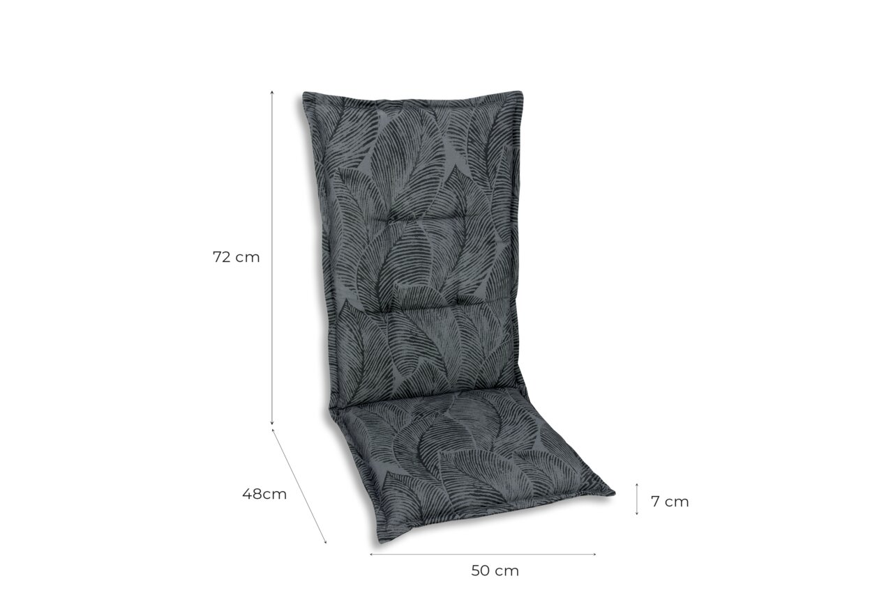 Graue Sesselauflage mit Blattmuster, seitliche Perspektive, Maße: 72 cm Höhe, 48 cm Sitzfläche, 50 cm Breite, 7 cm Dicke