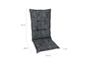 Graue Sesselauflage mit Blattmuster, seitliche Perspektive, Maße: 72 cm Höhe, 48 cm Sitzfläche, 50 cm Breite, 7 cm Dicke