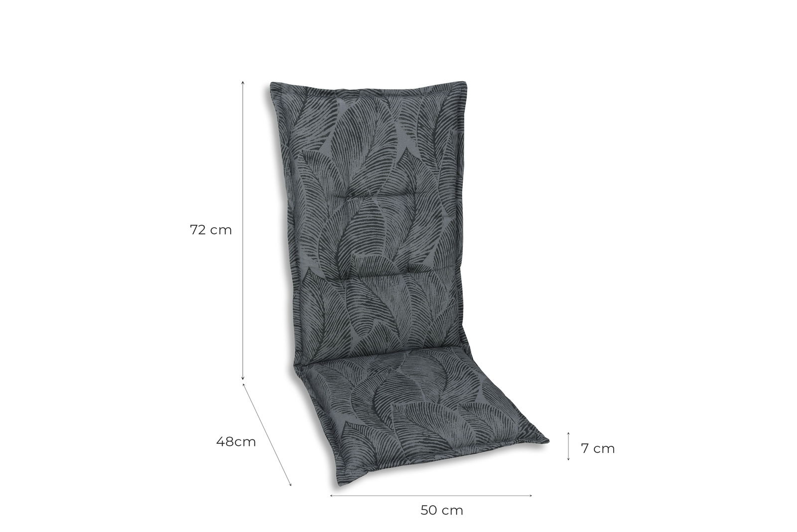Graue Sesselauflage mit Blattmuster, seitliche Perspektive, Maße: 72 cm Höhe, 48 cm Sitzfläche, 50 cm Breite, 7 cm Dicke