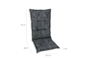 Graue Sesselauflage mit Blattmuster, seitliche Perspektive, Maße: 72 cm Höhe, 48 cm Sitzfläche, 50 cm Breite, 7 cm Dicke