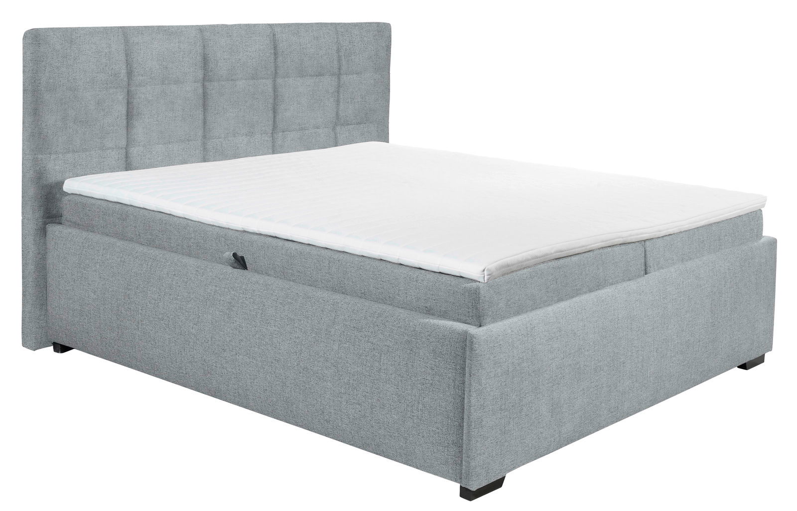 Graues Polsterbett mit hohem Kopfteil, seitliche Perspektive