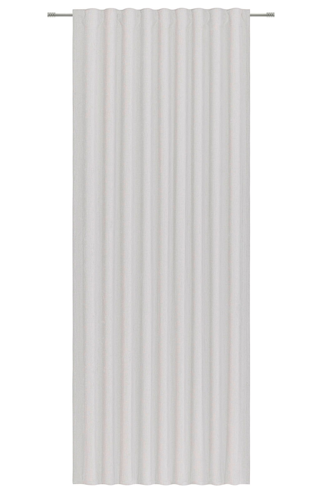 Weißer Fertigvorhang in Frontalansicht mit gleichmäßigen Falten.