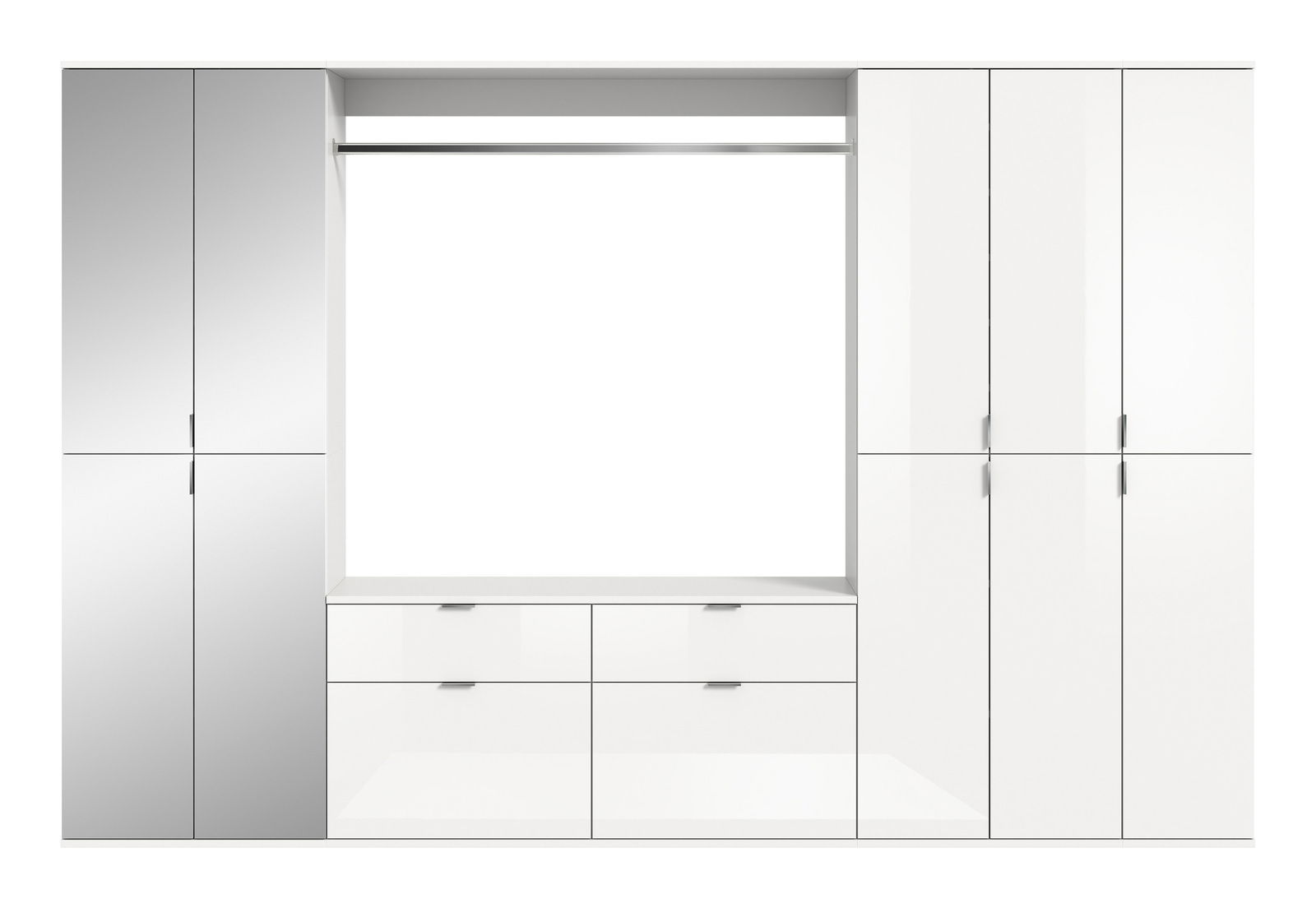 Frontale Ansicht einer modernen, weißen Garderobenkombination mit mehreren Schränken und Schubladen.