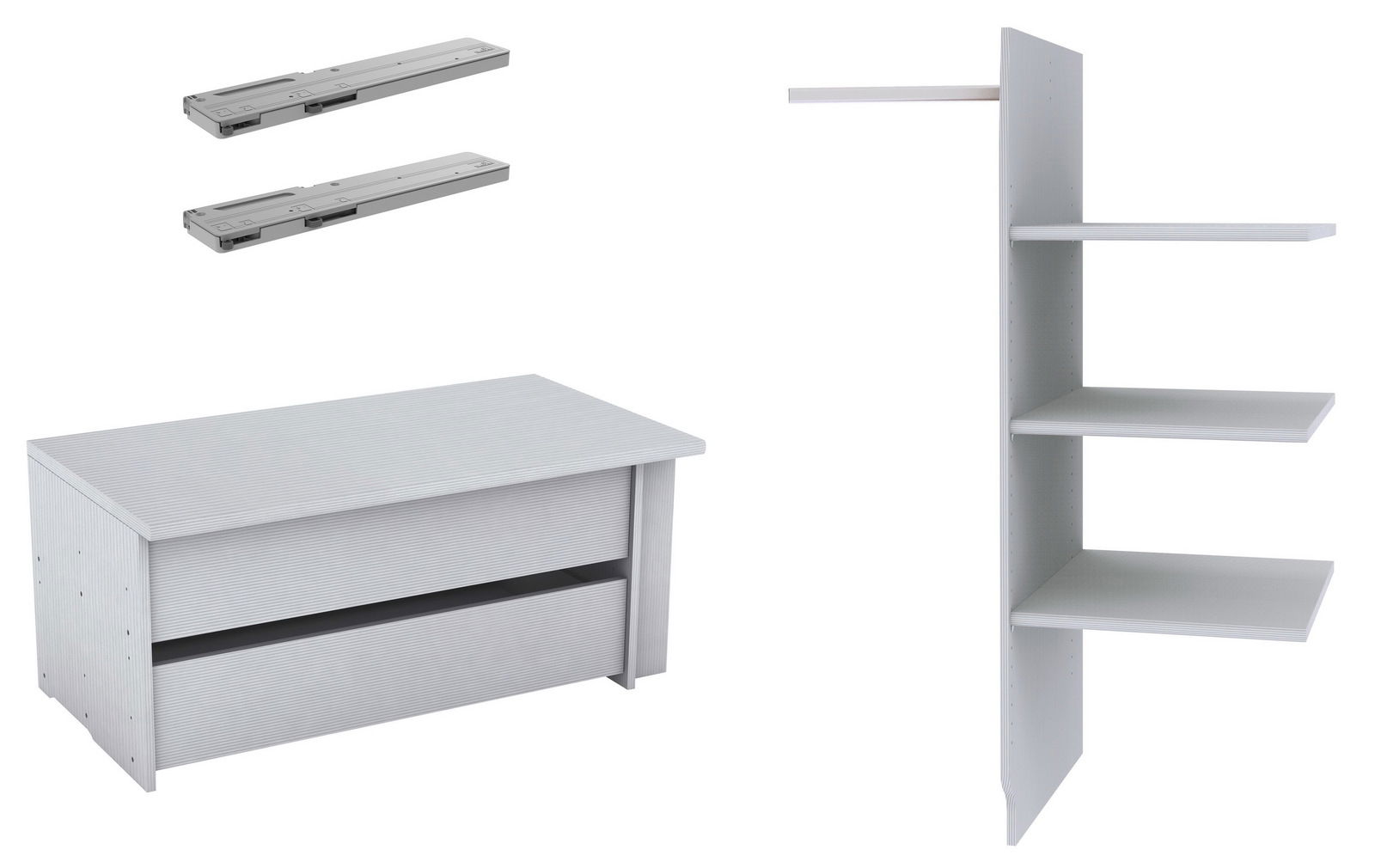 Innenausstattungspaket mit Schubladen, Regalböden und Schienen, seitliche Perspektive