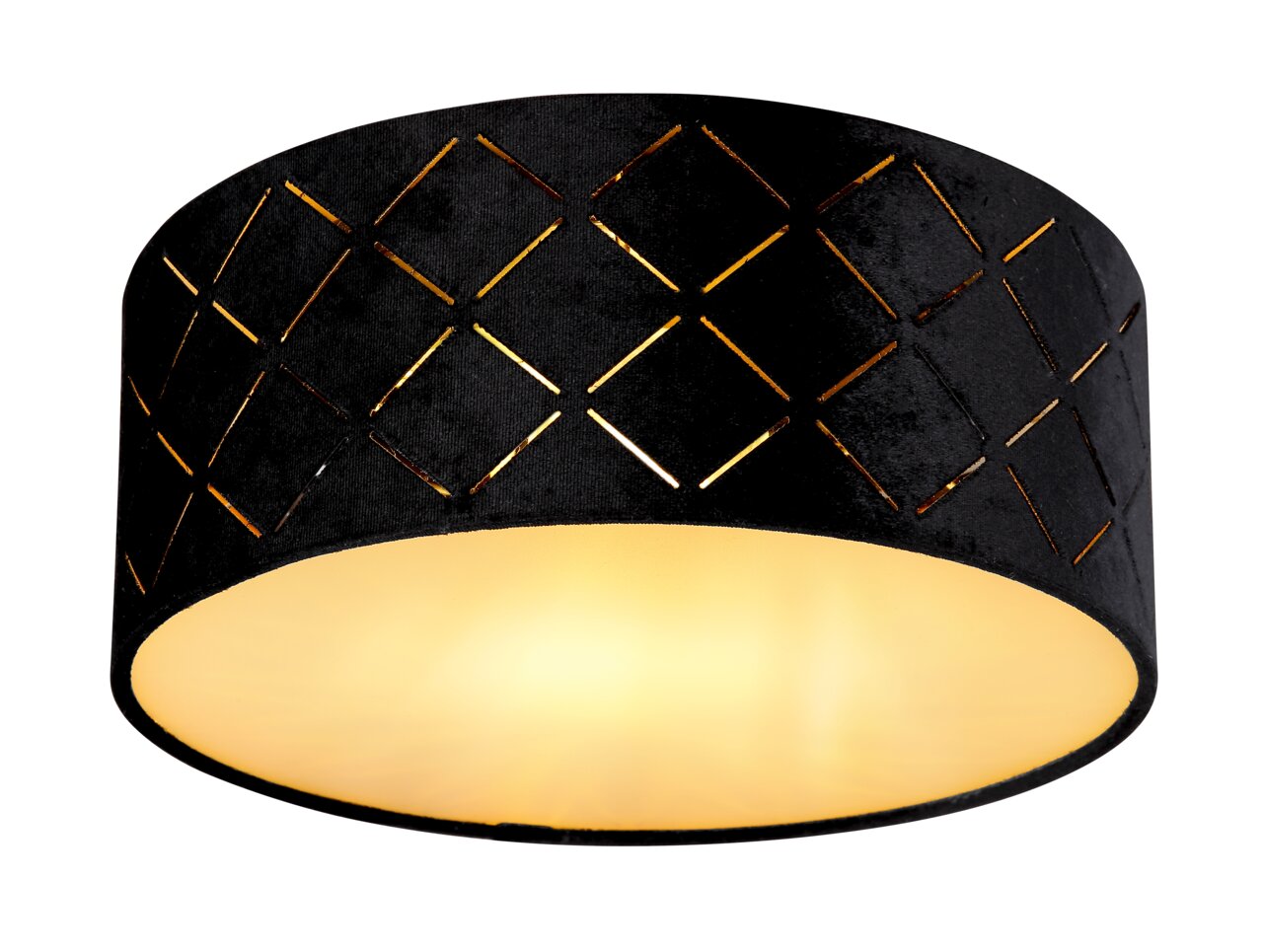 Schwarze Deckenleuchte mit rautenförmigen Ausschnitten, seitliche Perspektive