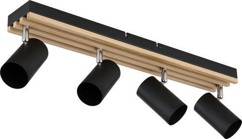Moderner Deckenstrahler mit vier schwarzen zylindrischen Leuchten, montiert auf einer Holz- und Metallhalterung, seitliche Perspektive