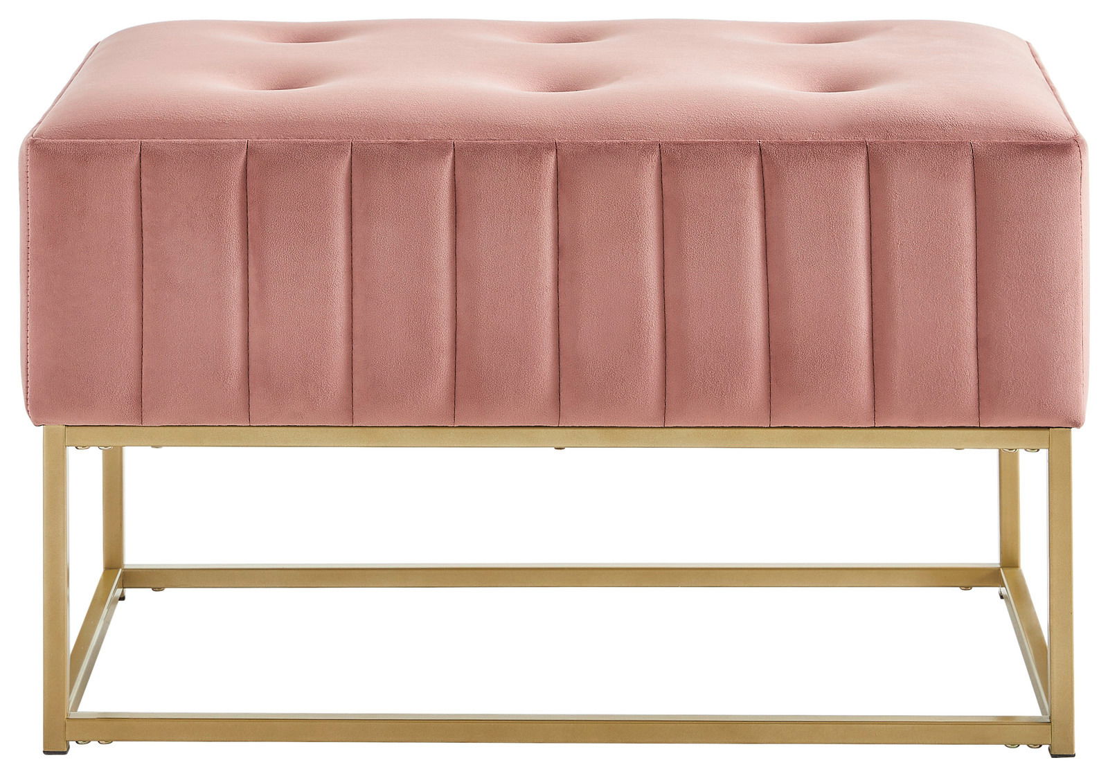 Rosa Hockerbank mit gestepptem Polster und goldfarbenem Metallgestell, Frontalansicht