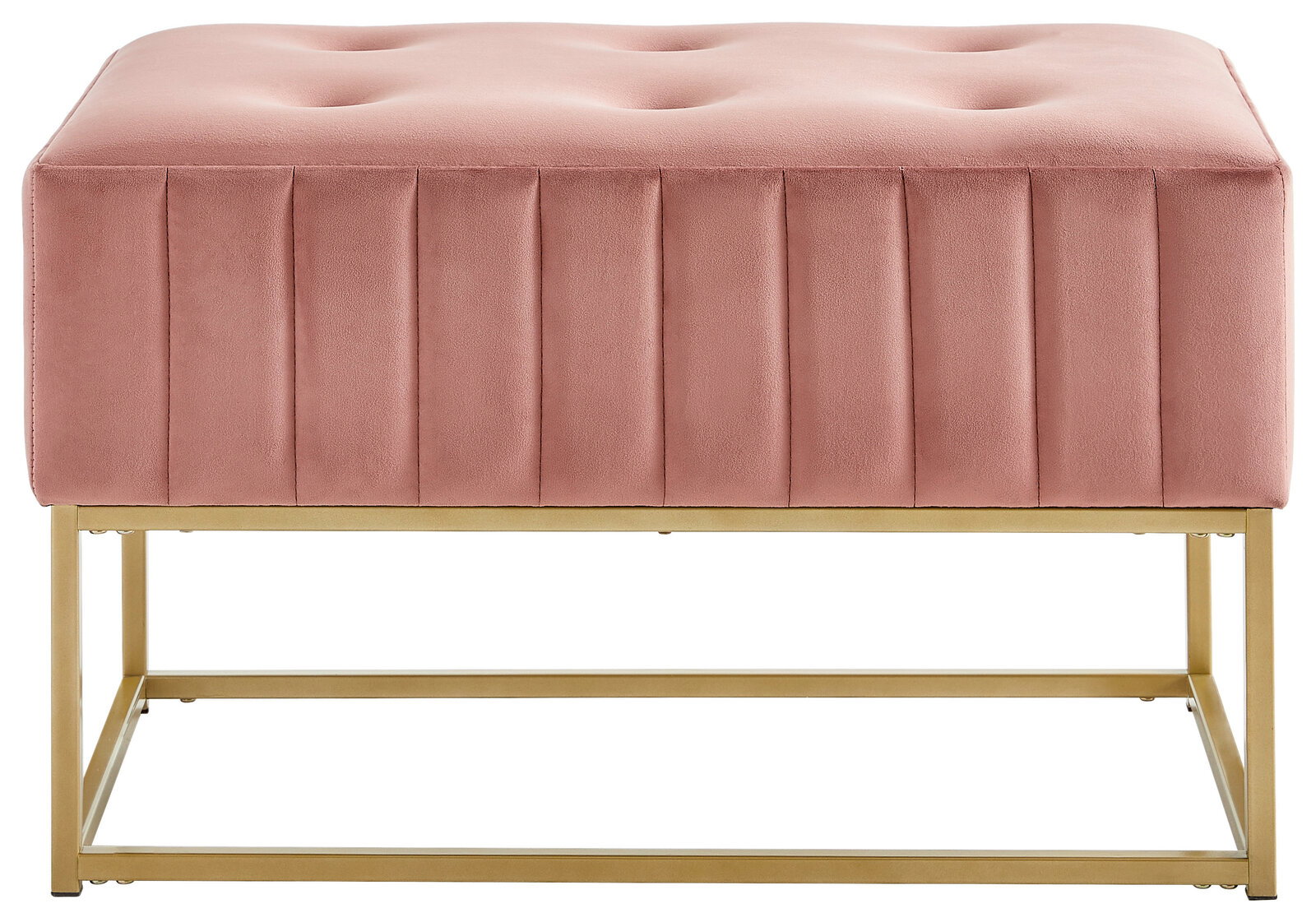 Rosa Hockerbank mit gestepptem Polster und goldfarbenem Metallgestell, Frontalansicht