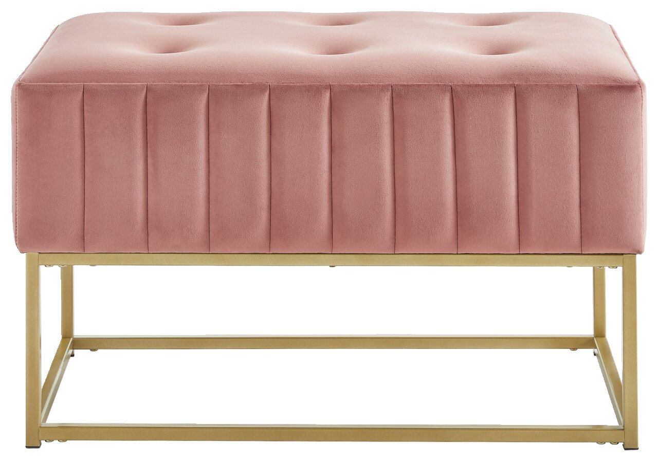 Roze bankje met gewatteerde bekleding en goudkleurig metalen frame, vooraanzicht