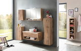 Moderner Badezimmer-Hängeschrank aus Holz in einer stilvollen Badezimmerumgebung, frontal betrachtet.