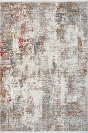 Abstrakter Teppich in Creme, Grau, Blau und Rot mit Vintage-Used-Optik, Draufsicht von oben