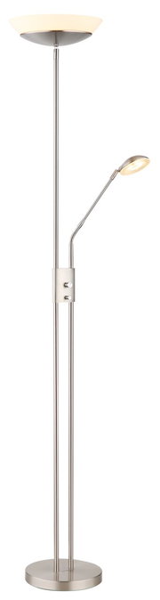 Moderner Deckenfluter mit zusätzlicher Leselampe, silbernes Design, seitliche Perspektive