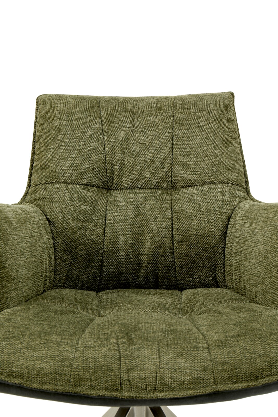 Groene fauteuil met gestoffeerde rugleuning en armleuningen, vooraanzicht