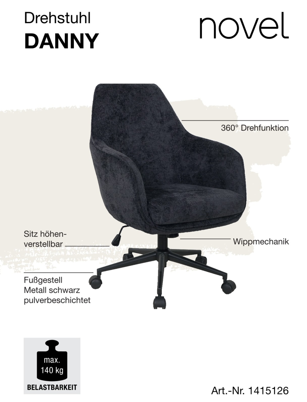 Schwarzer Drehstuhl mit 360° Drehfunktion, höhenverstellbarem Sitz und Wippmechanik, seitliche Perspektive