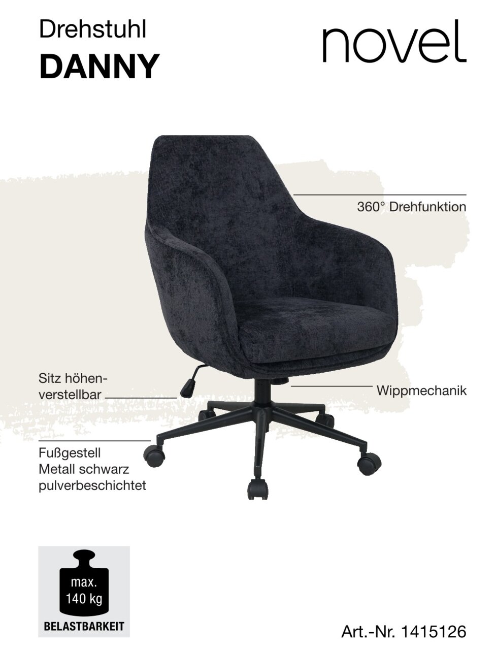 Schwarzer Drehstuhl mit 360° Drehfunktion, höhenverstellbarem Sitz und Wippmechanik, seitliche Perspektive