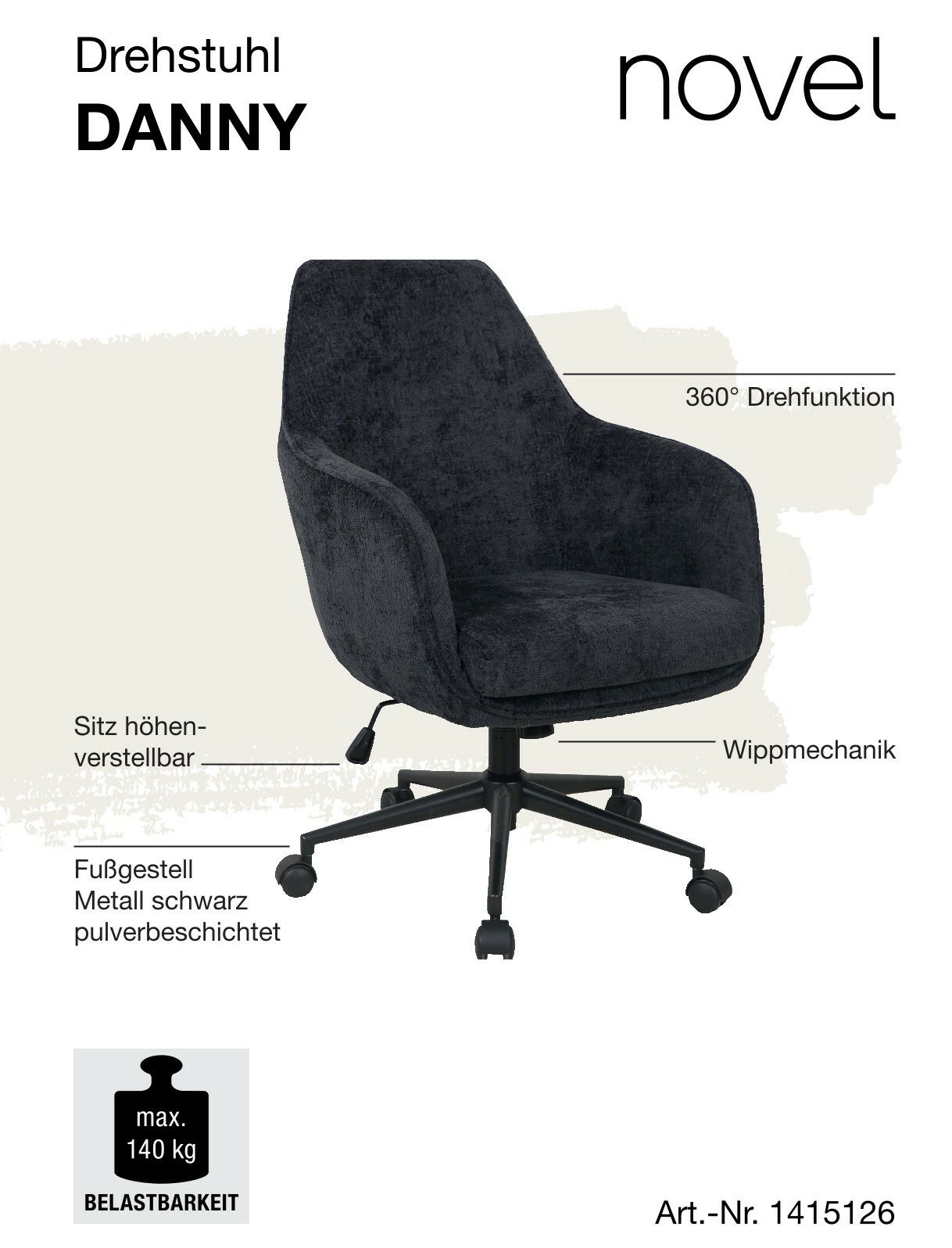 Schwarzer Drehstuhl mit 360° Drehfunktion, höhenverstellbarem Sitz und Wippmechanik, seitliche Perspektive