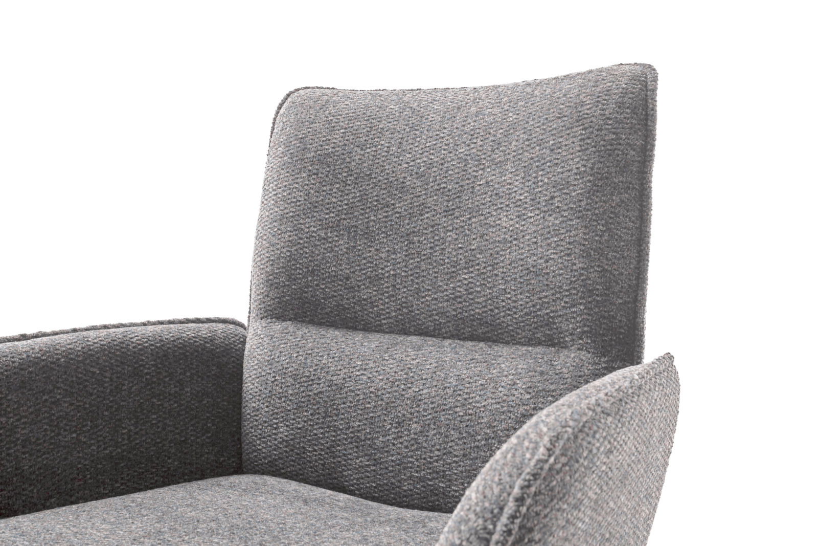 Grauer Armlehnstuhl aus Stoff, Nahaufnahme von der Seite