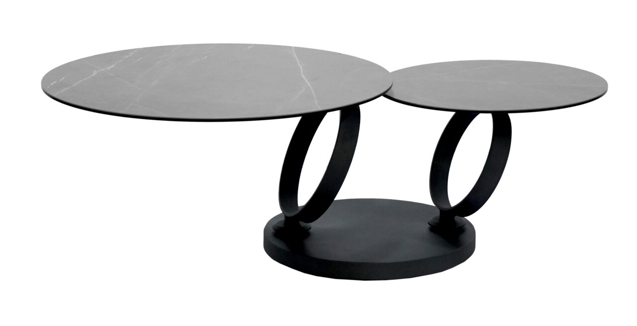 Moderner Couchtisch mit zwei runden, grauen Tischplatten und schwarzem, ovalem Gestell, seitliche Perspektive
