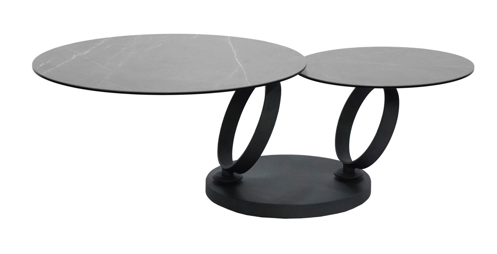 Moderner Couchtisch mit zwei runden, grauen Tischplatten und schwarzem, ovalem Gestell, seitliche Perspektive